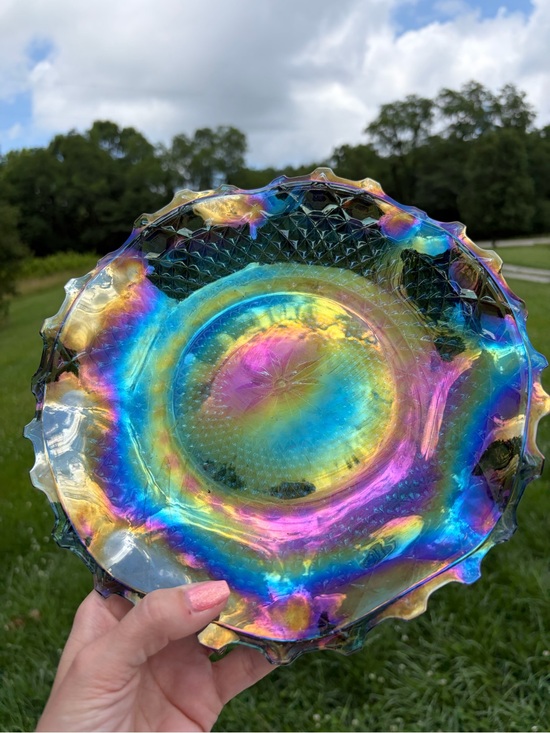 Other - Blue Iridescent Diamond Cut Carnival Glass 10" Bowl Plate Dish Vintage Victorian